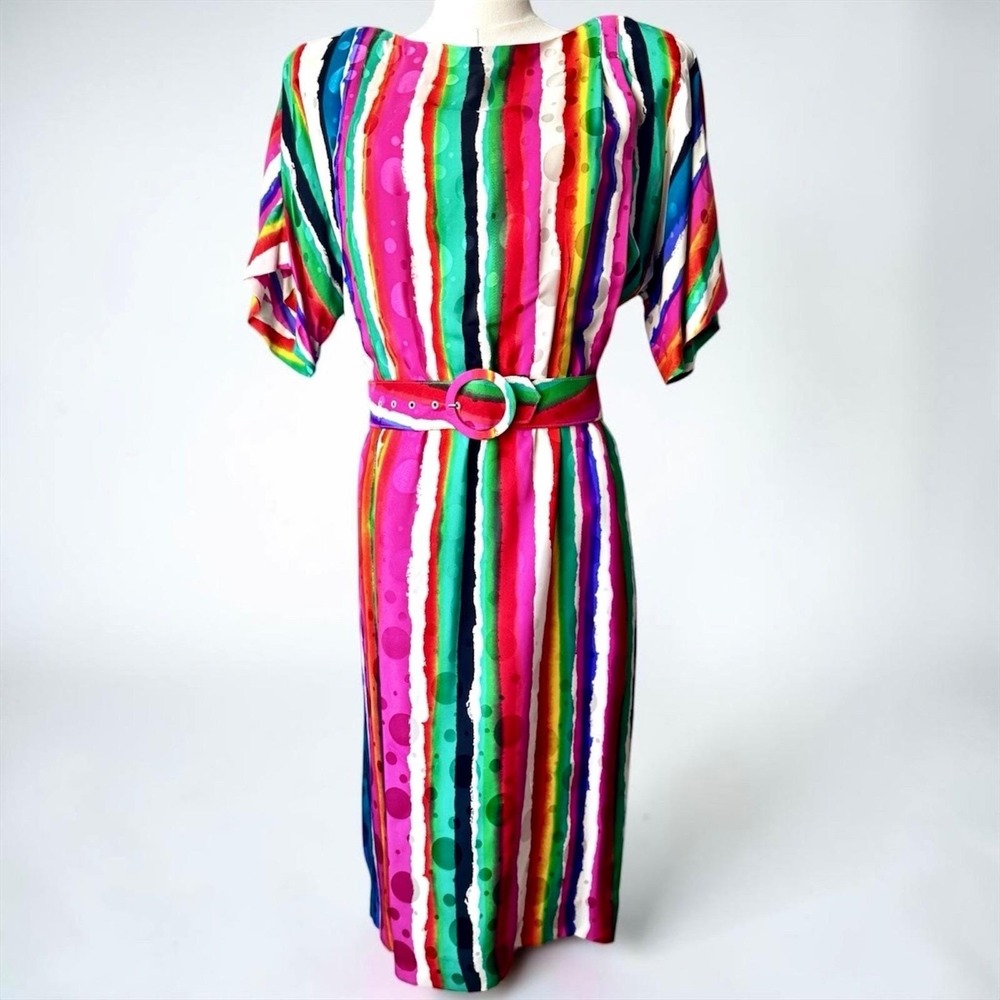 Anne Crimmins Silk Belt Dress 80s Rainbow Stripe Bold Size 12 Vintage